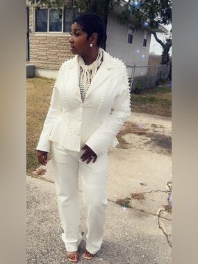 AKIRA Ivory Pearl-Trim Blazer and Pants Set